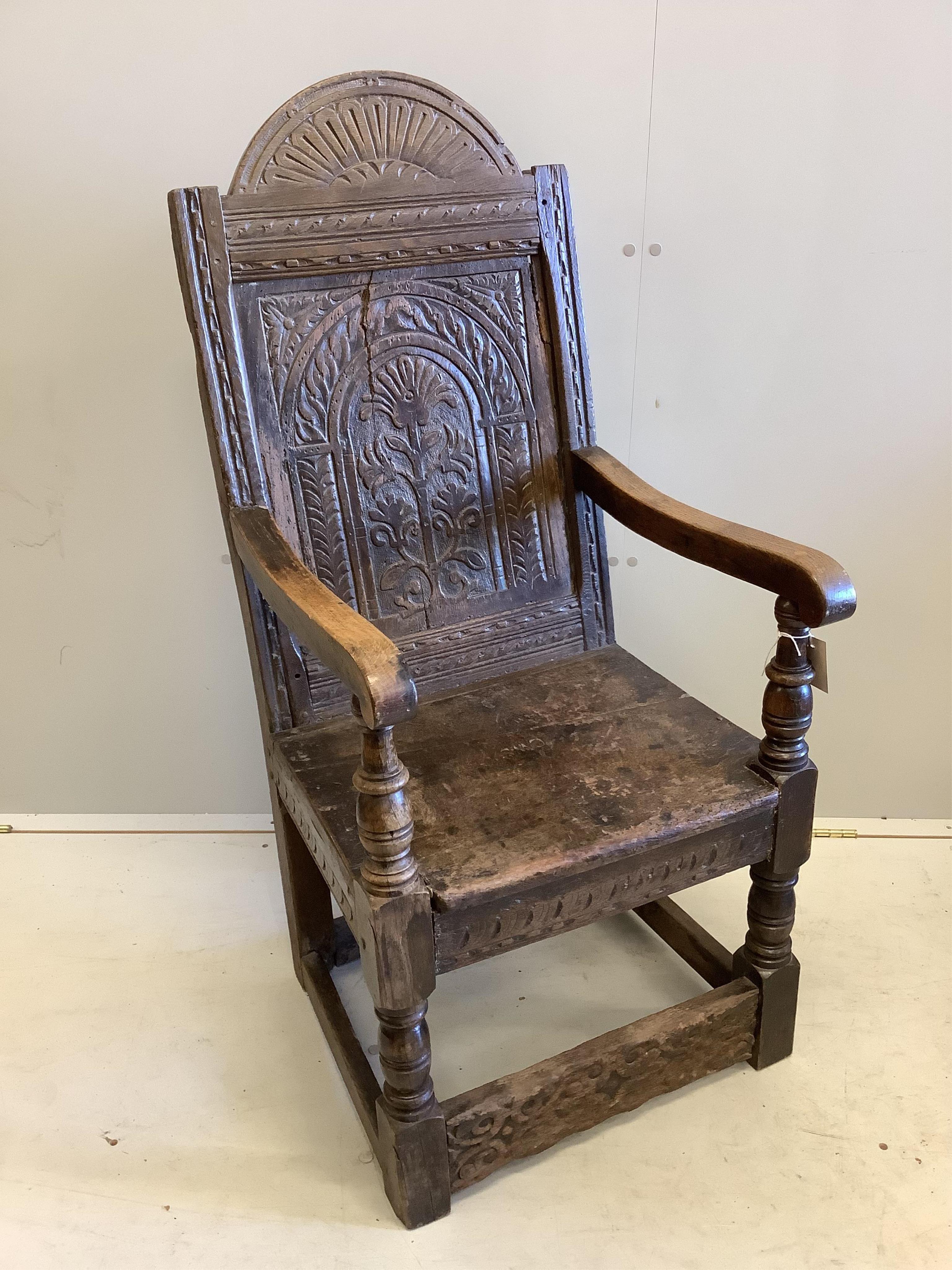 A 17th century and later oak Wainscot chair, width 51cm, depth 51cm, height 109cm